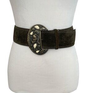 Vintage Revcor green leather belt with animal inlay buckle